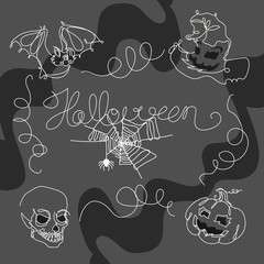 Set of Halloween elements in line art style, including bat, pumpkin, skull, spider web, witch hat. Made in black and white on a gray background. 