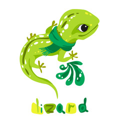Little light green lizard in a green scarf, cute baby cartoon lizard character with big eyes. Made in a flat style, for children's printing, stickers