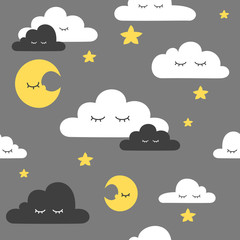 Obraz premium Seamless pattern of simple clouds with smiles and various additional elements on the theme of the sky. Made in a flat, minimalistic doodle style.