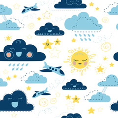 Seamless pattern of simple clouds with smiles and various additional elements on the theme of the sky. Made in a flat, minimalistic doodle style.