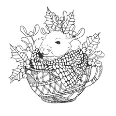 Graphic image of a rat sitting in a cup and wrapped in a scarf with elements of a hippo and mistletoe. cheerful. For printing design, cups and postcards