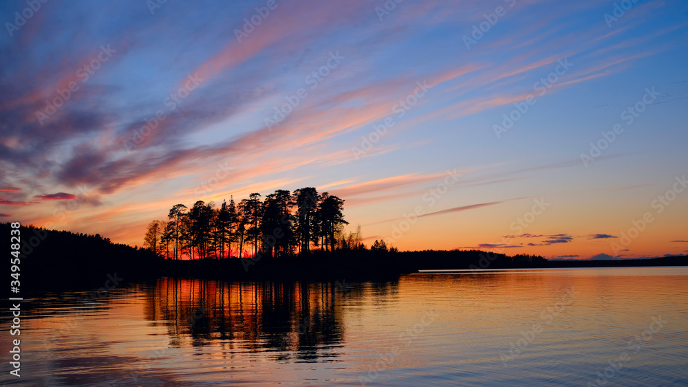 Poster lake at sunset with clouds. horizontal frame