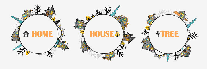 Three round mini frames of fairytale houses with stylized various windows, trees and shrubs, cartoon-style street, bright colored outlines with contour. For stickers or interior design