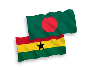 National vector fabric wave flags of Ghana and Bangladesh isolated on white background. 1 to 2 proportion.