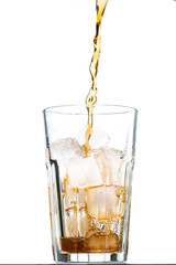 cocktail with ice and cola in a glass on a white background, you can add rum or whiskey