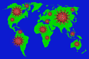 3D image of virus on world map. 3D rendering