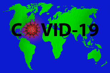 inscription covid-19 on the silhouette on world map. coronavirus outbreak and coronaviruses influenza. pandemic medical health risk concept with disease cells