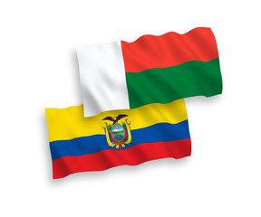 National vector fabric wave flags of Madagascar and Ecuador isolated on white background. 1 to 2 proportion.