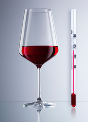 ein Rotweinglas und ein Weinthermometer