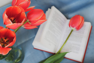 red tulips and book