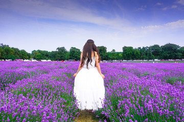 A young woman with dark hair wearing a long white dress with a big summer hat in a lavender field