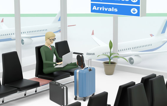 Man waits at the airport waiting hall for his flight and works with a laptop. 3D illustration