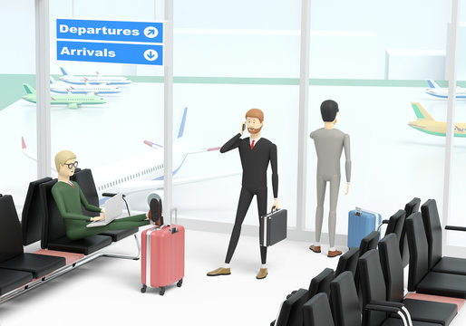 Three businessmen are waiting at the airport waiting hall for their flight. 3D illustration