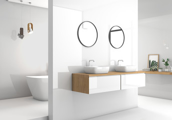 Naklejka na ściany i meble Modern white bathroom 3d rendering. There are white reflective wall and floor. panoramic window, comfortable bathtub and sink on wooden counter table. other decorative object