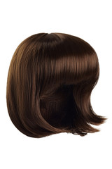 Subject shot of a natural looking brown wig with bangs. The short blunt bob wig is isolated on the white background. 