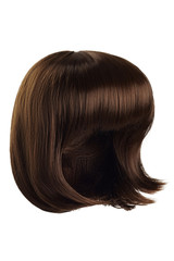 Fototapeta premium Subject shot of a natural looking brown wig with bangs. The short blunt bob wig is isolated on the white background. 