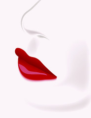 A closeup of a woman's glossy red lips is featured in a minimalist fashion and beauty illustration.