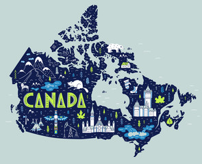 Canada cartoon map. Hand-drawn illustration with symbols, tourist attractions, architecture and nature of the country. Vector poster. Travel map.