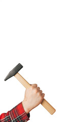 A man holds a hammer in his hand on a white background isolation. Copy space on top. Construction Tools Sale Concept