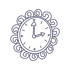 Fairytale wall clock decorated with curls in doodle style. Hand drawn vector illustration in black ink isolated on white background.  Great for coloring book.