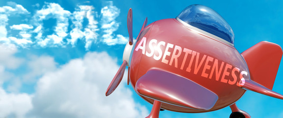 Assertiveness helps achieve a goal - pictured as word Assertiveness in clouds, to symbolize that Assertiveness can help achieving goal in life and business, 3d illustration - obrazy, fototapety, plakaty