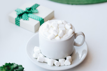 Cup of cappuccino with marshmallow and green plant on white background