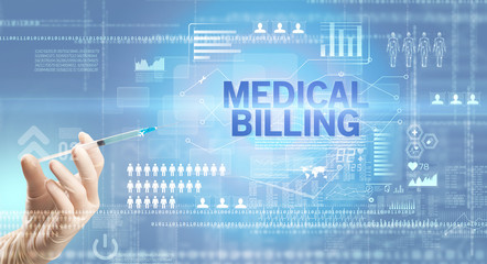 Close-up view of doctor's hand in a white glove holding syringe with MEDICAL BILLING inscription, healthcare and medical concept