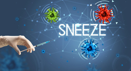 Syringe, medical injection in hand with SNEEZE inscription, coronavirus vaccine concept