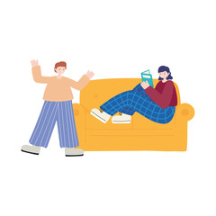 people activities, girl reading book on sofa and boy character