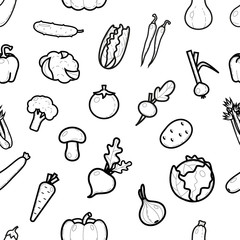 Black and white pattern of icons of various vegetables in a flat linear style. Vector illustration.