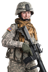 Female in US Army soldier (ISAF) with rifle. Shot in studio. Isolated with clipping path on white background