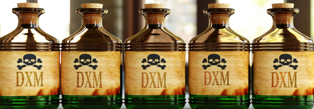 Dxm can be like a deadly poison - pictured as word Dxm on toxic bottles to symbolize that Dxm can be unhealthy for body and mind, 3d illustration