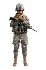 Fototapeta premium Female in US Army soldier (ISAF) with rifle. Shot in studio. Isolated with clipping path on white background