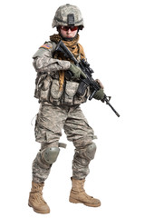 Female in US Army soldier (ISAF) with rifle. Shot in studio. Isolated with clipping path on white background