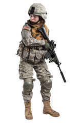 Female in US Army soldier (ISAF) with rifle. Shot in studio. Isolated with clipping path on white background