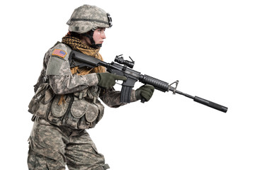 Female in US Army soldier (ISAF) with rifle. Shot in studio. Isolated with clipping path on white background