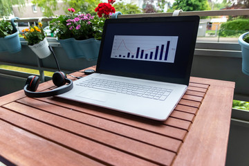 Home Office auf dem Balkon mit schönen Blumen am Notebook mit Headset auf Gartentisch zeigt die...