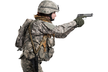Female in US Army soldier (ISAF) with rifle. Shot in studio. Isolated with clipping path on white background