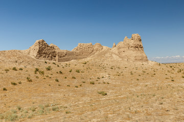 Fototapeta premium Ruins of an ancient city Sawran or Sauran in Southern Kazakhstan. Part of the fortress wall.