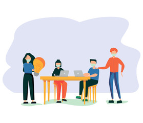 Business People Characters in Medical Masks Sitting at Desk at Board Meeting Discussing Idea in Office. Team Project Brainstorm, Teamwork Process during Covid19 Quarantine. Cartoon Vector Illustration