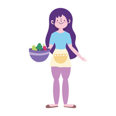 young woman with vegetables in bowl isolated icon design