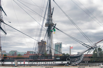 USS Constitution and Boston Skyline Charlestown Navy shipyard