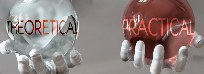 practical and theoretical in a balanced life - pictured as words practical,theoretical in hands to show that theoretical and practical should stay in balance, 3d illustration