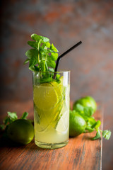 Mojito cocktail with lime and mint on the rustic background. Selective focus. Shallow depth of field.