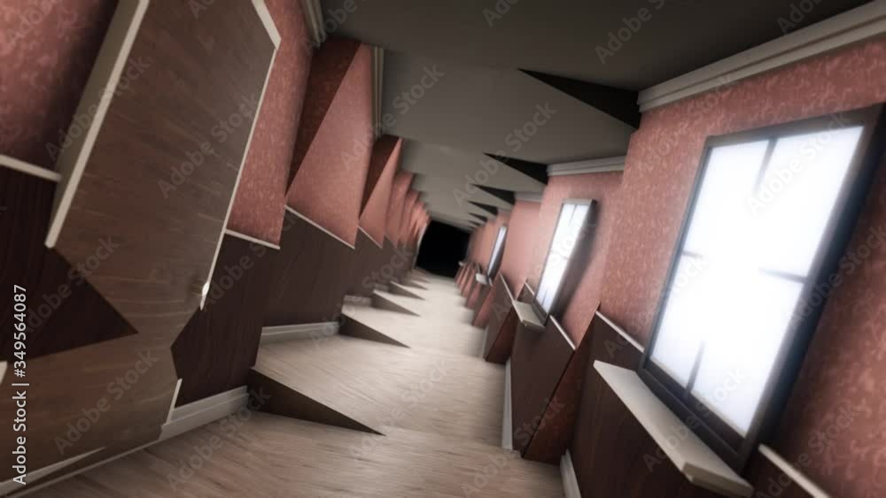 Poster abstract spinning tunnel inside the house corridor. animation. surreal rotatting hallway in the buil