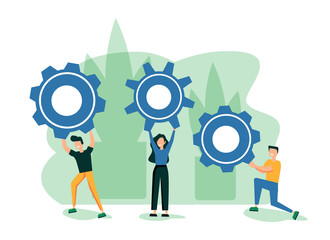 Business concept of vector illustration, little people links of mechanism, business mechanism, abstract background with gears, people are engaged in business promotion, strategy analysis, starting the