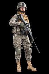 Obraz premium Male in US Army soldier uniform praying. Shot in studio. Isolated on black background