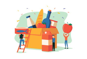 Tiny People Filling Cardboard Donation Box with Different Food and Products for Help to Poor People in Shelter, Support Social Care, Volunteering and Charity Concept. Cartoon Flat Vector Illustration