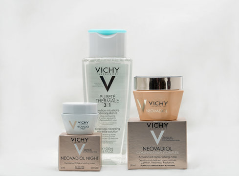 Vichy cosmetics closeup against white background