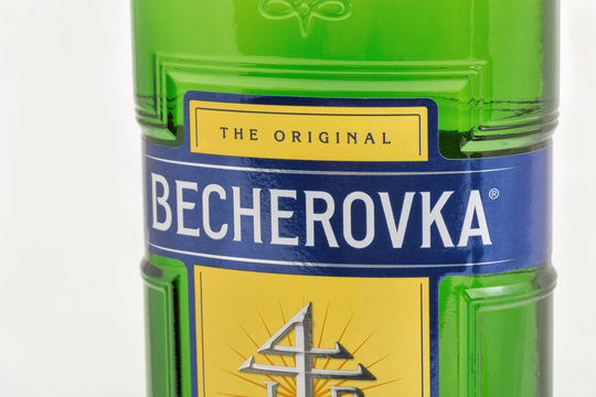 Becherovka bottle closeup against white background. Kyiv, Ukraine.